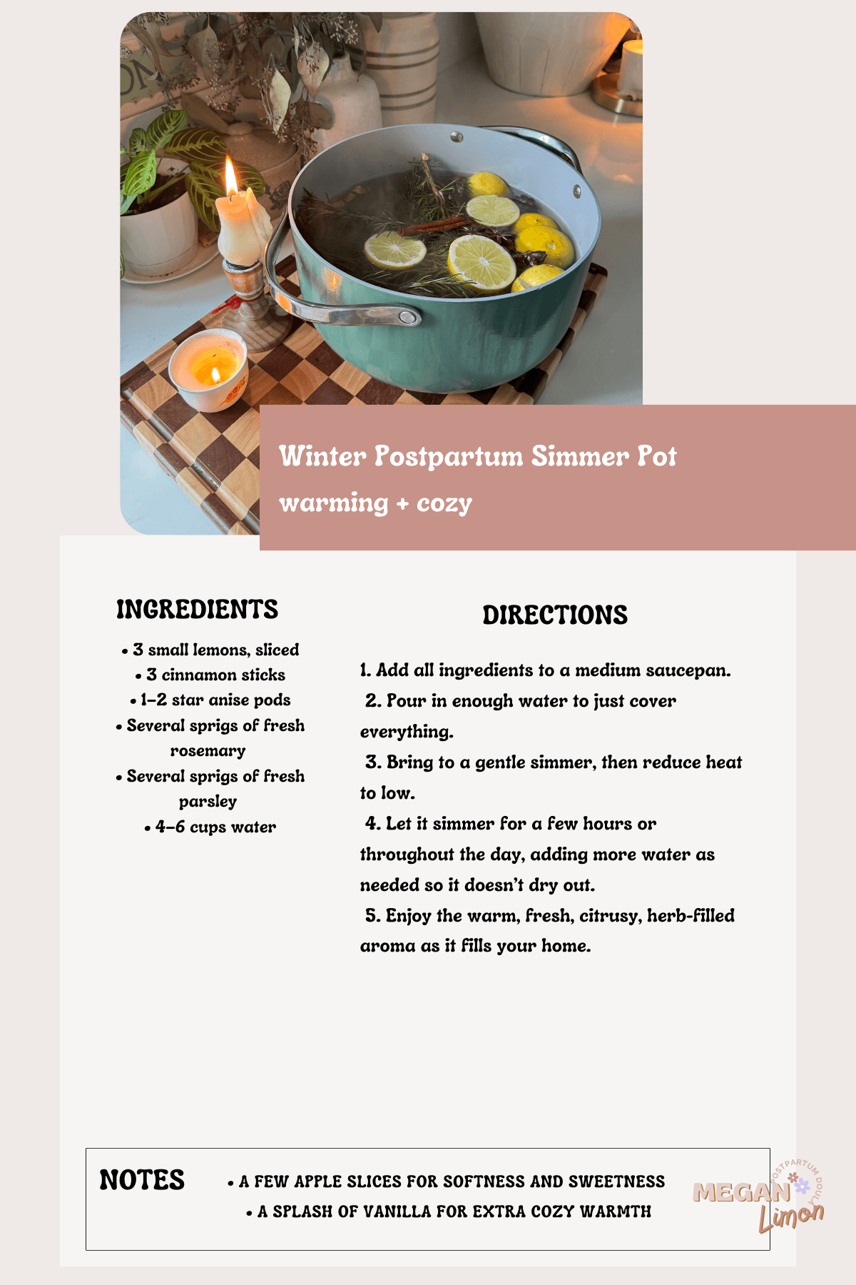 simmer pot on the counter in kitchen with steam lemon slices rosemary sprigs candles recipe card