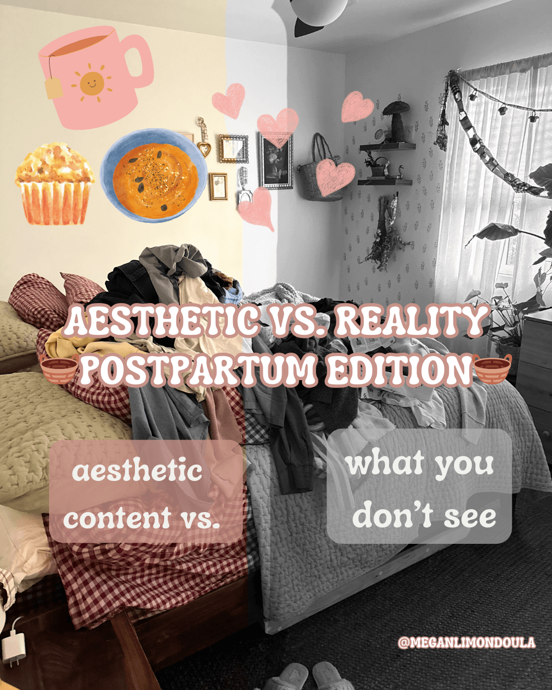 aesthetic reality photo of bed in black and white and color laundry on bed