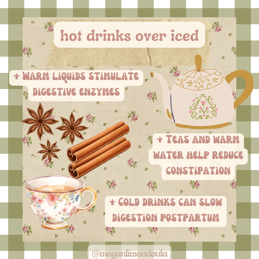 gut supportive postpartum foods for after birth recovery graphic with soup and muffins in the photo