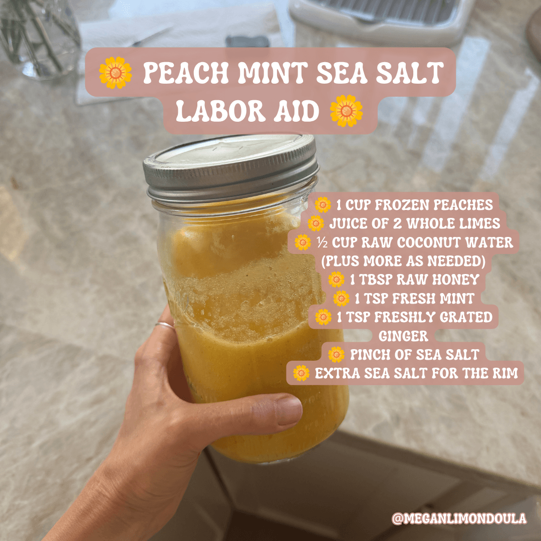 peach mint sea salt labor aid in glass jar holding in kitchen hand