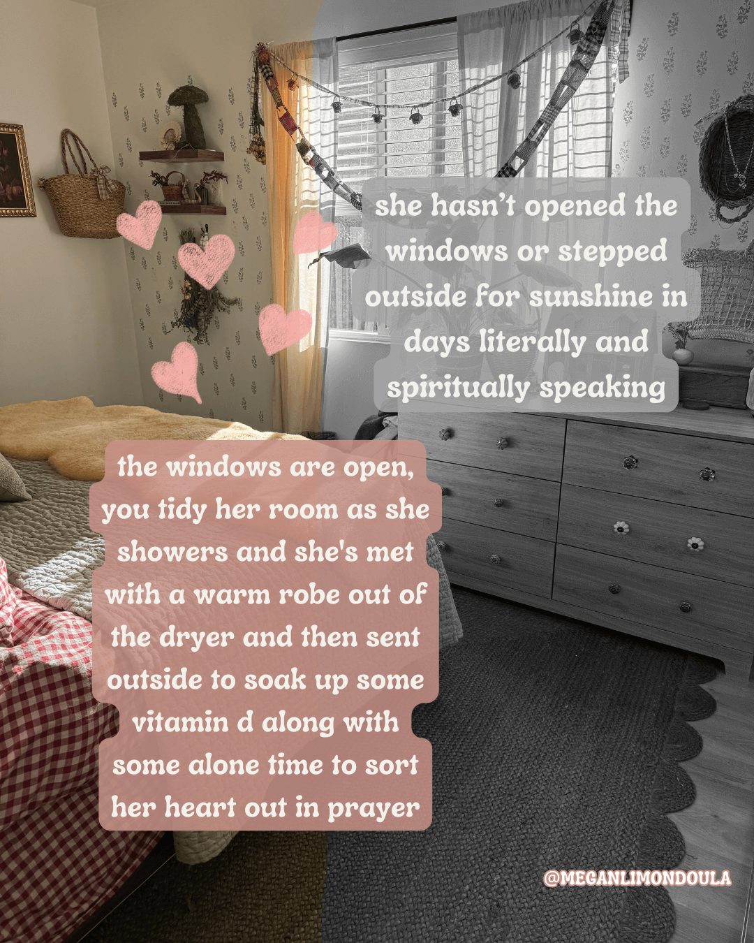 text on picture of bedroom with garlands sunshine and hearts as graphic