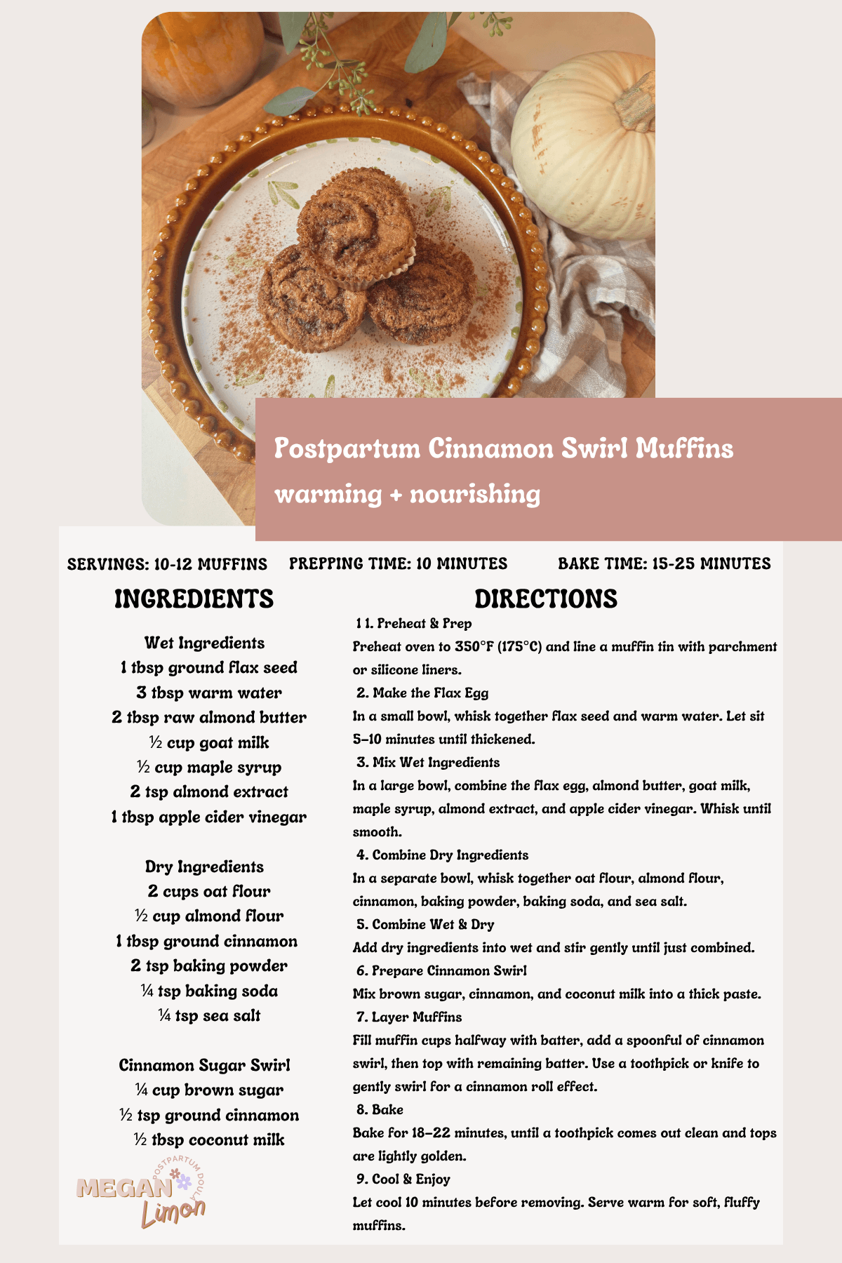 postpartum cinnamon swirl muffins on plate in kitchen with pumpkin recipe card