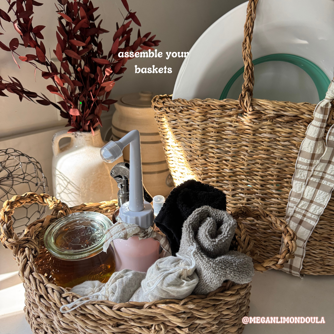 postpartum basket essentials washcloths natural tea herbs