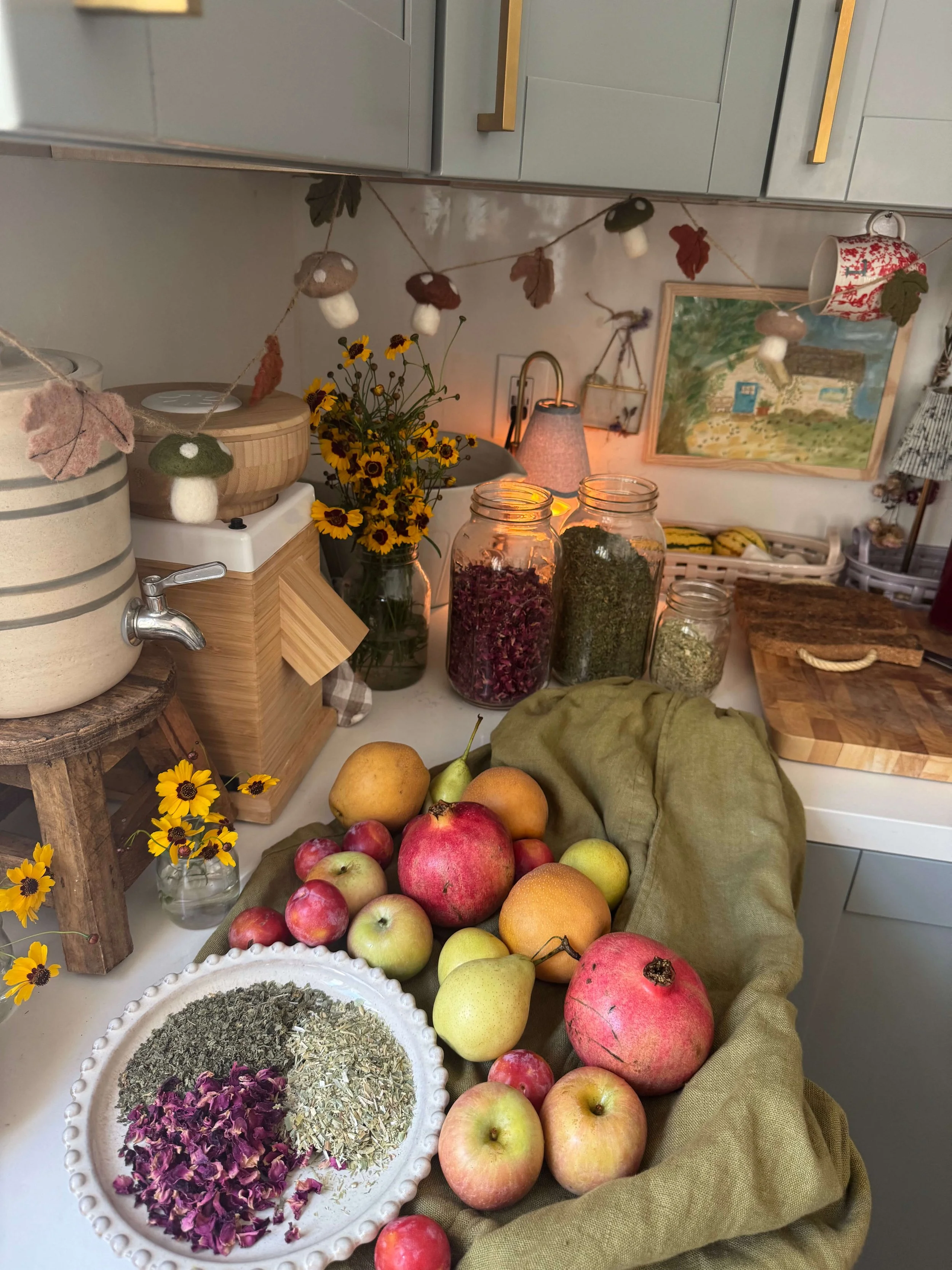 produce fruit on kitchen counter herbs on plate