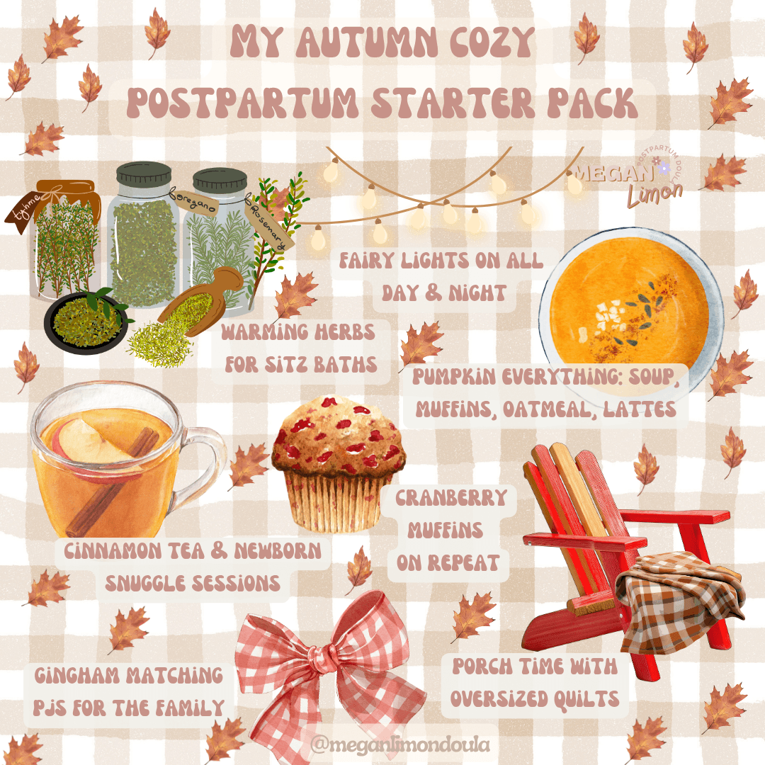 postpartum starter pack fairy lights warming herbs cinnamon tea gingham