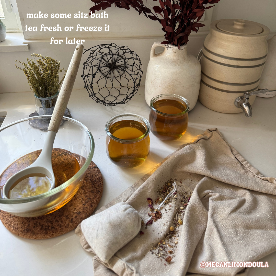 peri bottle tea on kitchen counter with herbs in sachet in napkin cloth