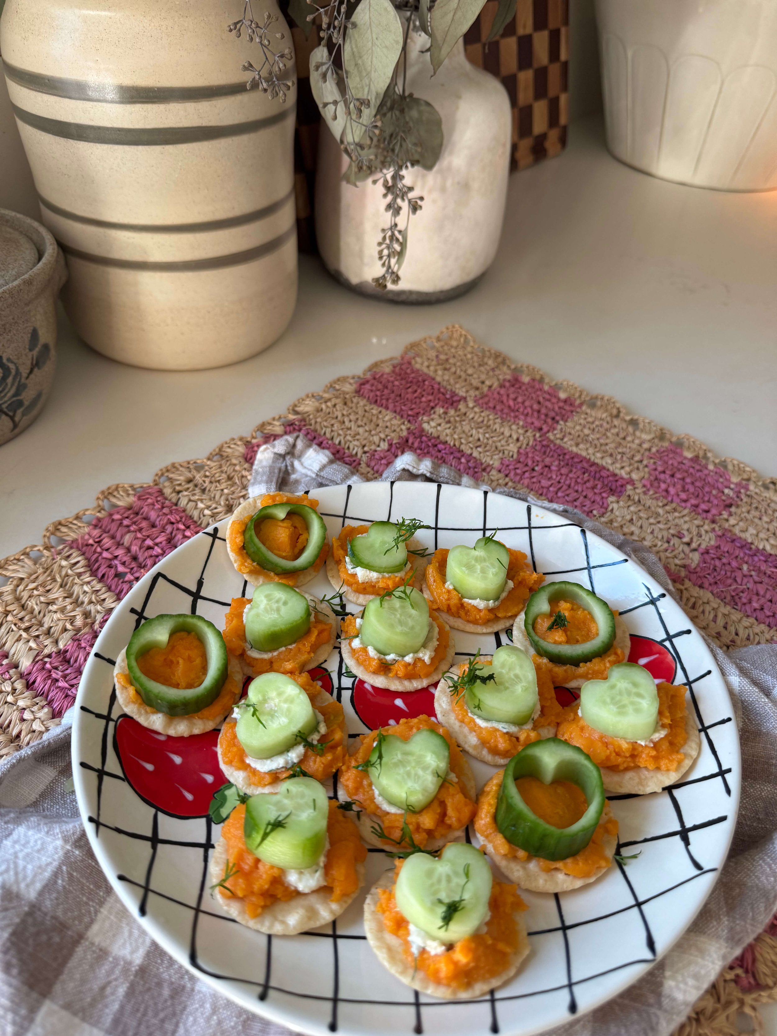Sweet Potato Spread & Cucumber Heart Crackers plate kitchen checkered mat