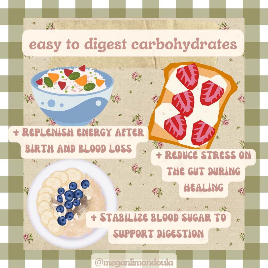 gut supportive postpartum foods for after birth recovery graphic with soup and muffins in the photo