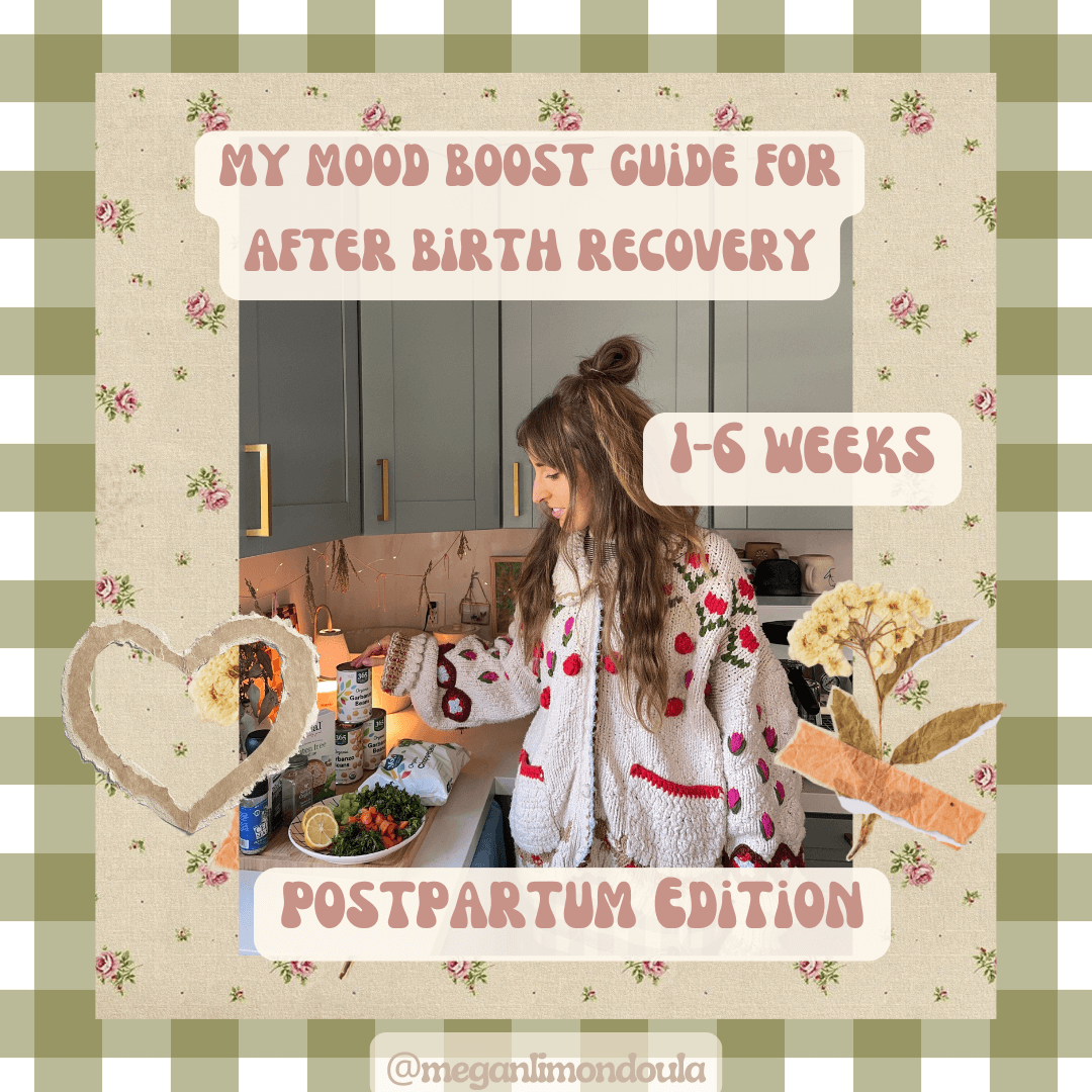 my mood boost guide for after birth recovery graphic doula in kitchen