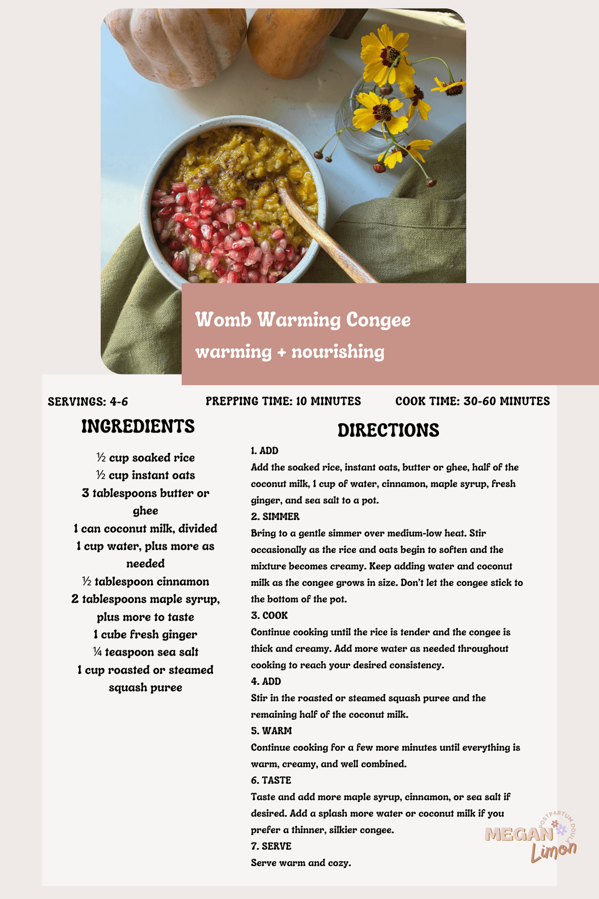 congee in bowl in kitchen with pomegranate seeds pumpkin flowers autumn kitchen counter recipe