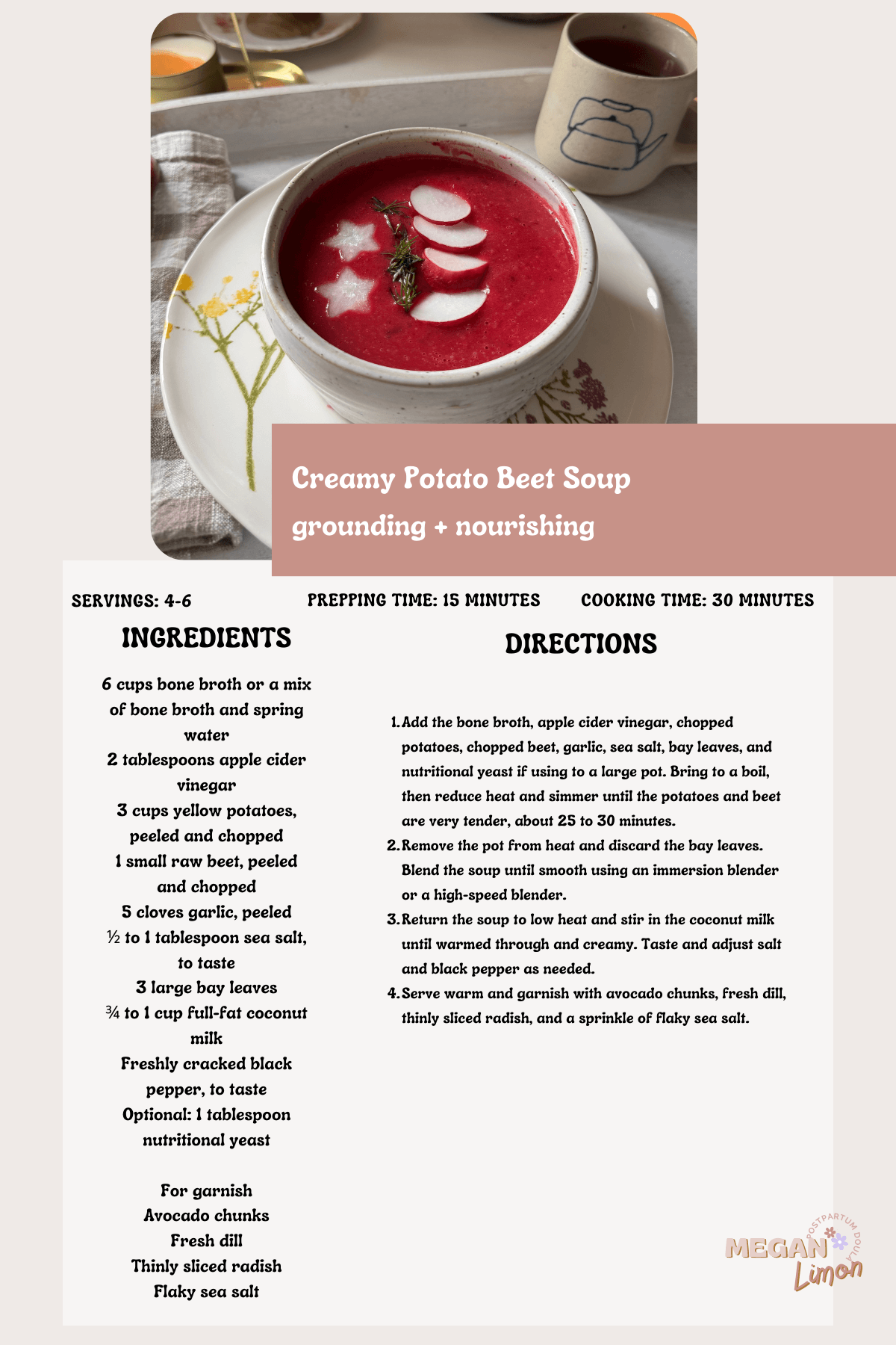 postpartum beet soup with radishes on top on plate kitchen floral  recipe card