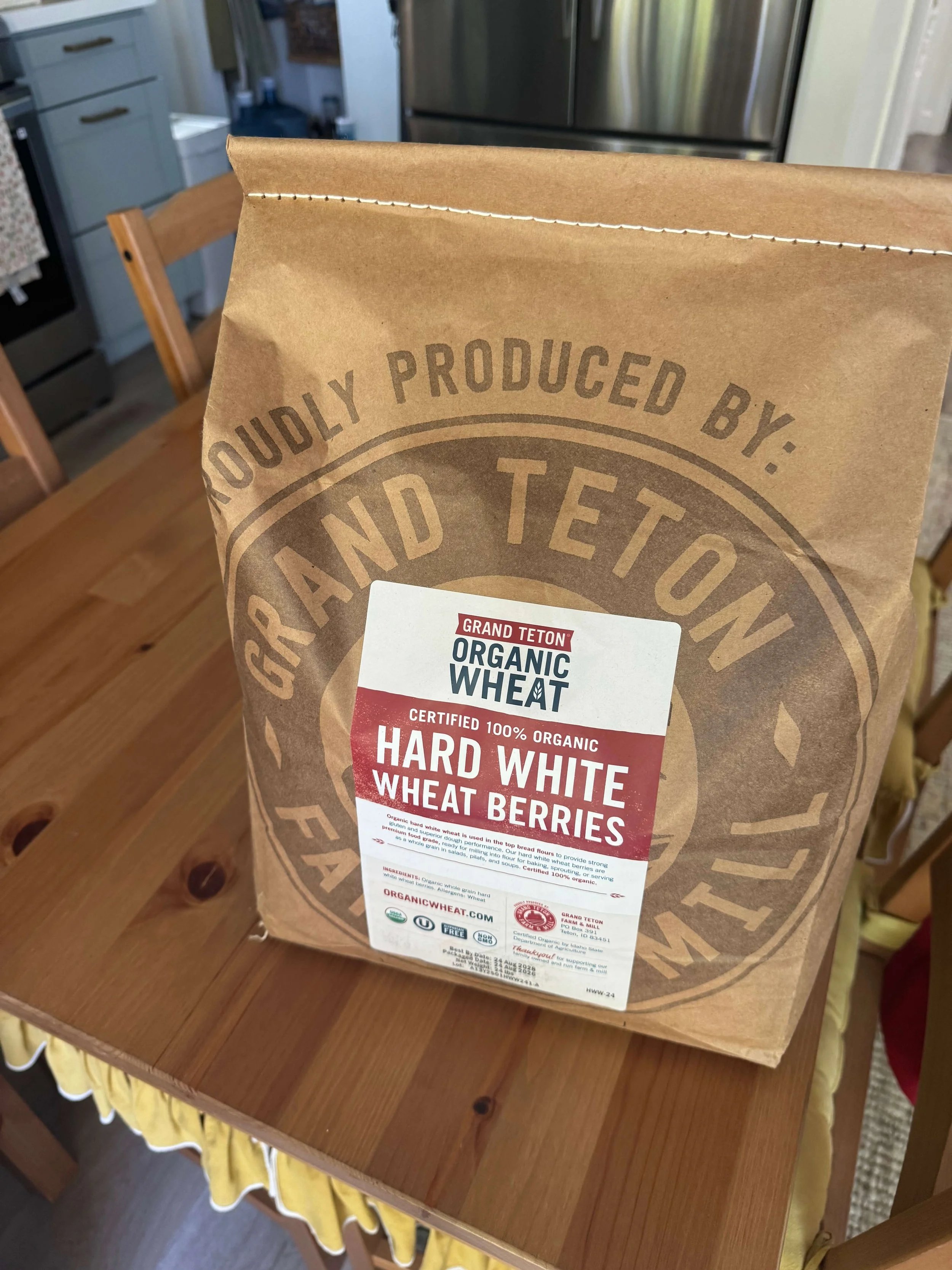 bag of hard white wheat berries in kitchen