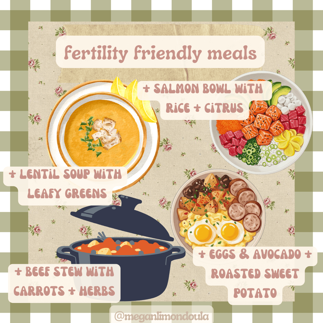 fertility friendly meals salmon bowl and rice and citrus lentil soup with leafy greens eggs and avocado roasted sweet potato beef stew with carrots and herbs