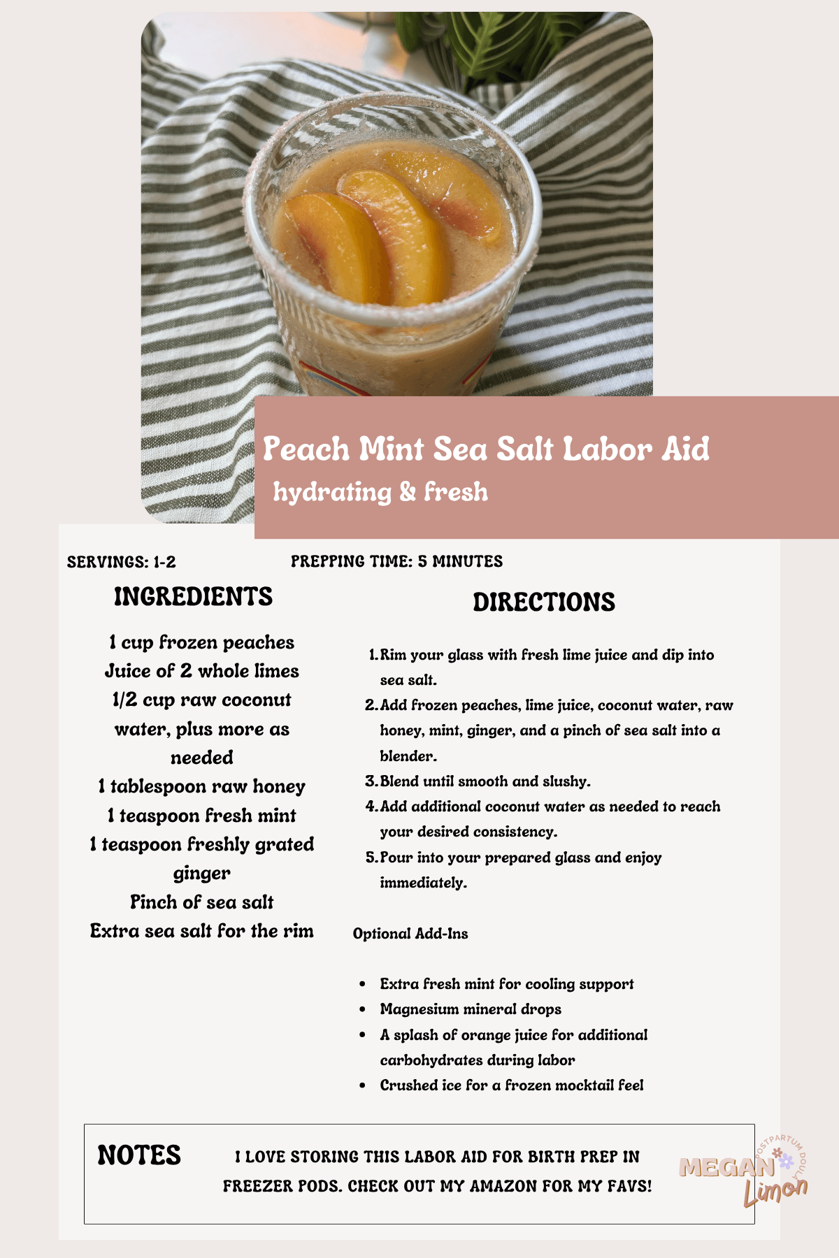 Peach Mint Sea Salt Labor Aid in glass cup recipe card