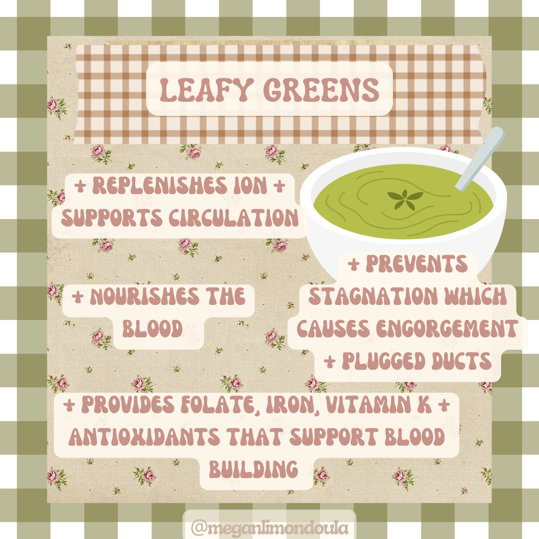 leafy greens postpartum meal soup graphic benefits