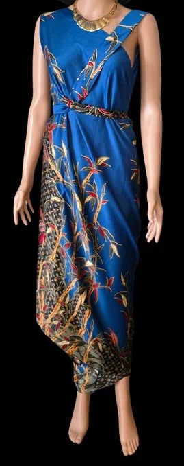 Luxury blue botanical sarong dress by DONBERNAE for tropical holidays