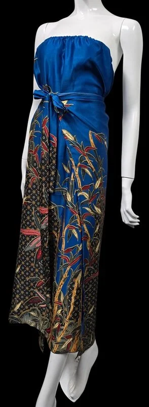 Strapless tropical blue sarong dress designed for luxury beachwear styling