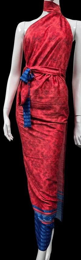Red and blue DONBERNAE resort dress inspired by tropical island fashion