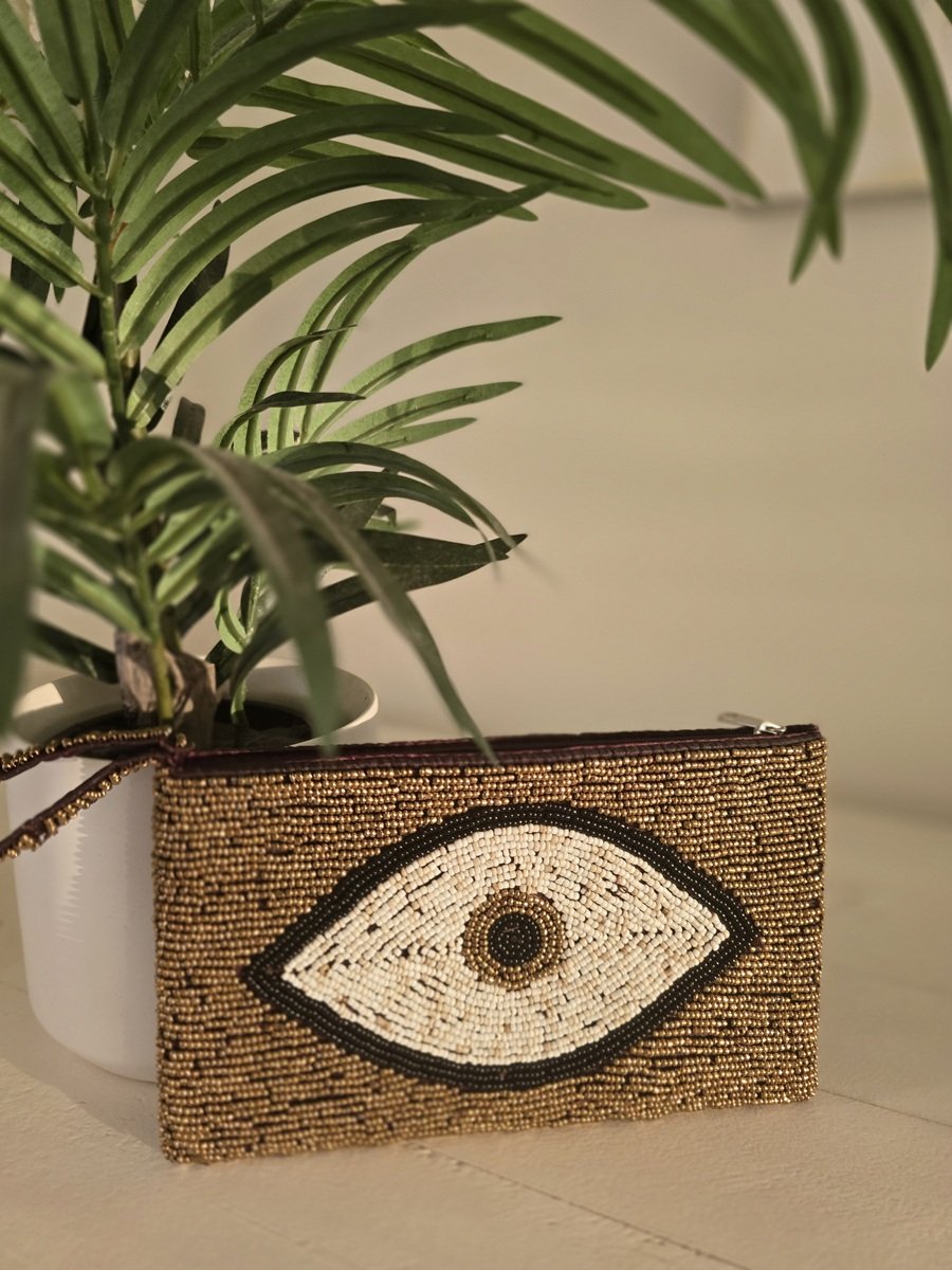 Ocean Eye Gold Beaded Purse with Straplet | Handcrafted Bali Beaded Bag | Donbernae