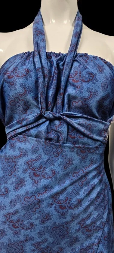 Blue paisley halter sarong dress designed for luxury beachwear fashion
