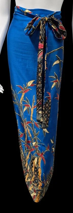 Blue wrap sarong skirt with tropical bamboo and floral island patterns
