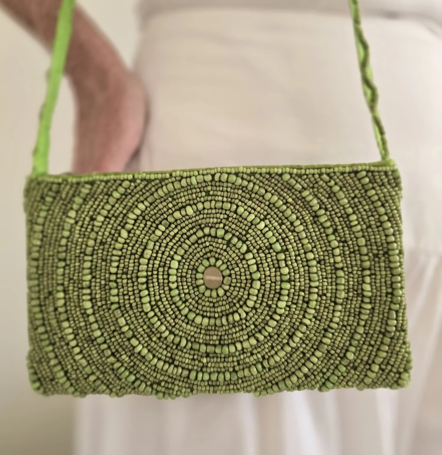 Lime green beaded purse with strap .jpg