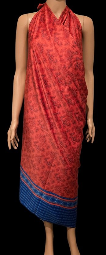 Red and blue DONBERNAE halter dress inspired by tropical resort elegance
