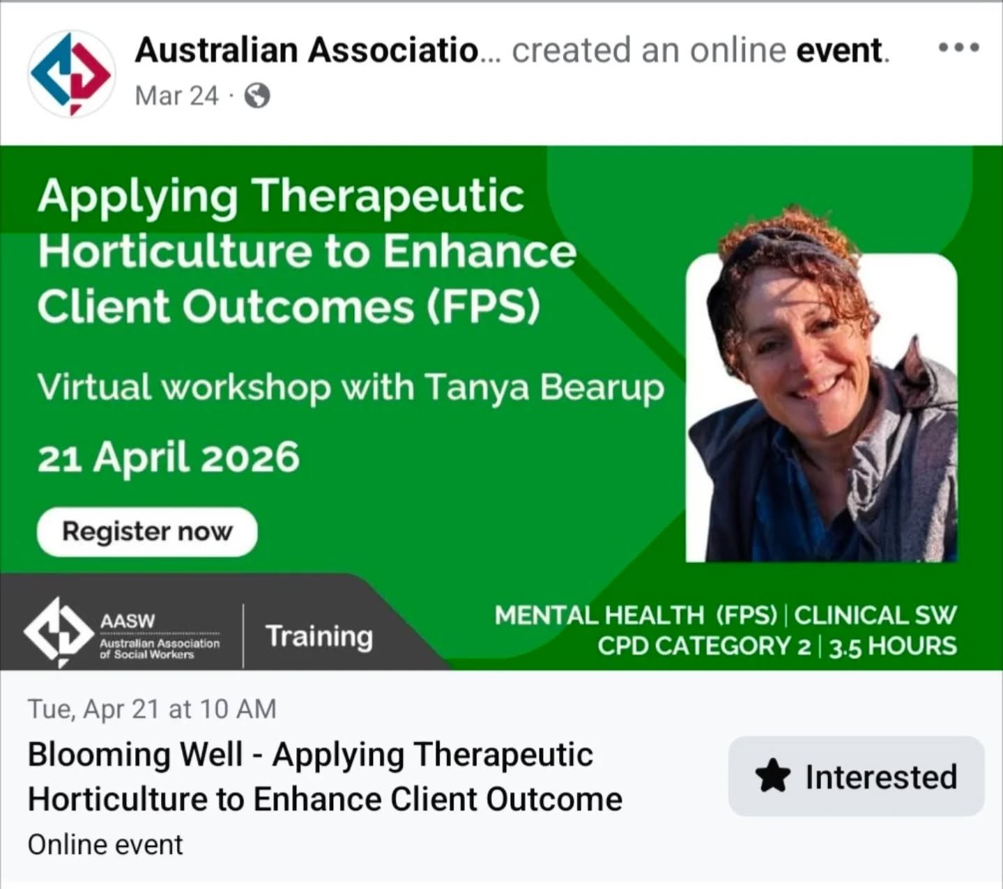 🌿 I'm looking forward to facilitating this upcoming online workshop on 21 April for Australian Association of Social Workers.

Together, we&rsquo;ll explore how gardening and other nature-based activities can support therapy and social work practice