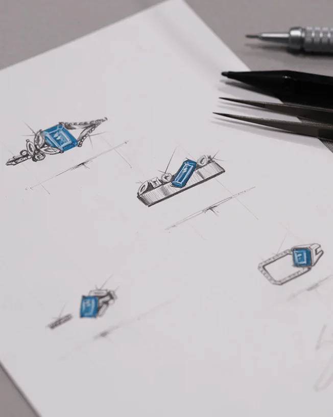 Dessins de bagues avec pierres bleues par Sergiu Lom