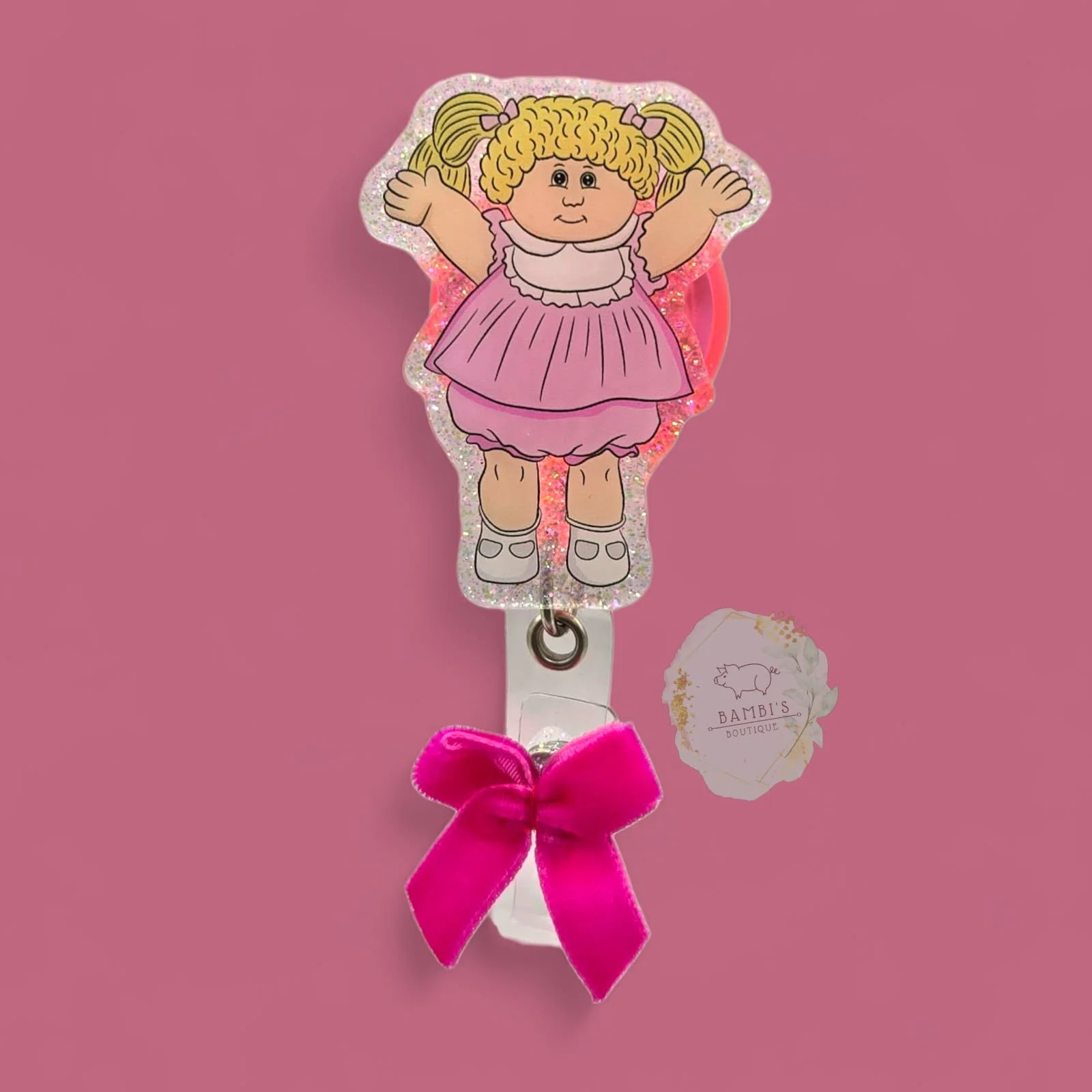 🎀 Cabbage Patch Kid Badge Reel – Pink Dress Edition