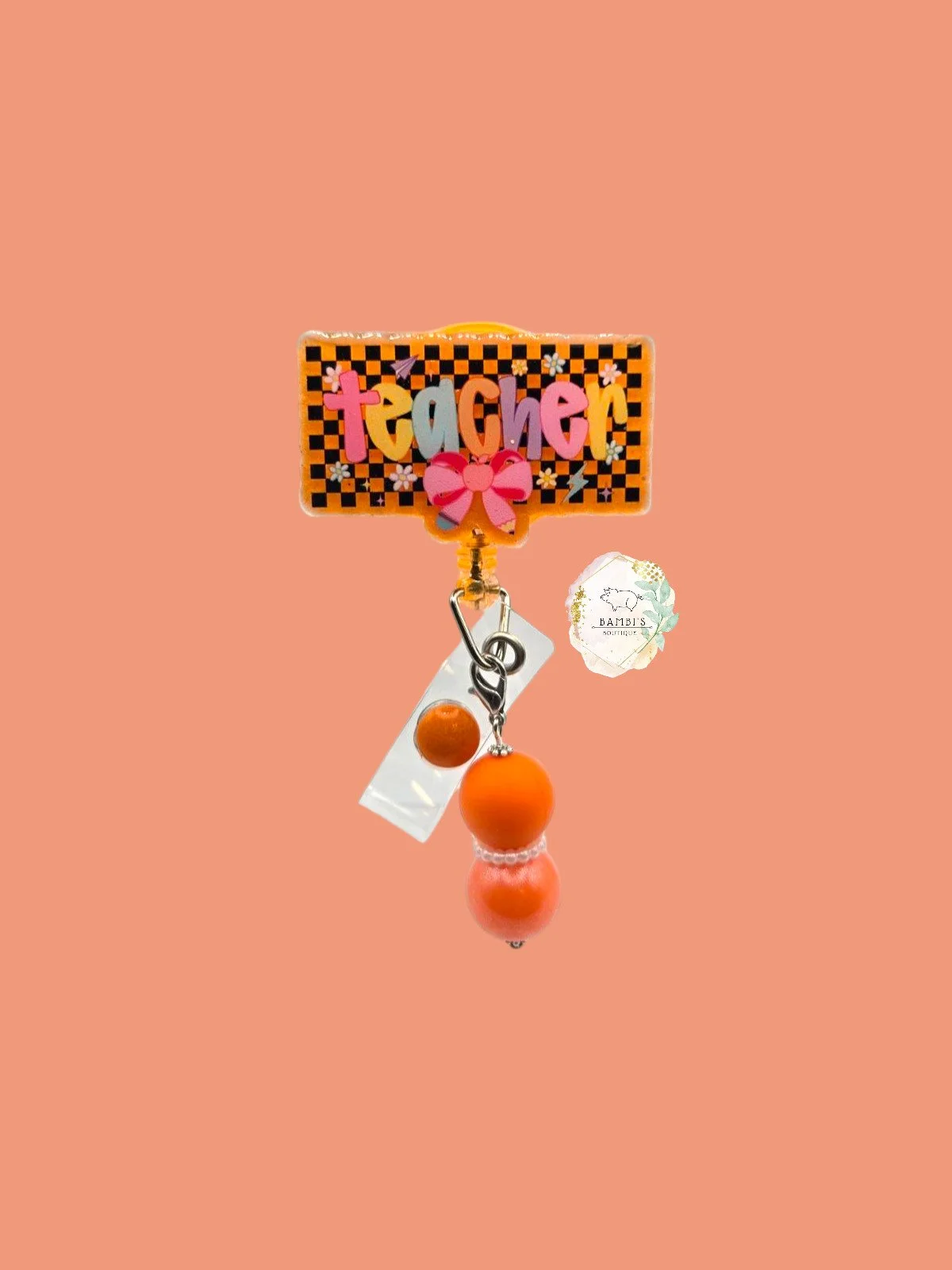 🧡 Checkerboard Teacher Badge Reel with Bow – Bold, Bright & Classroom-Ready!