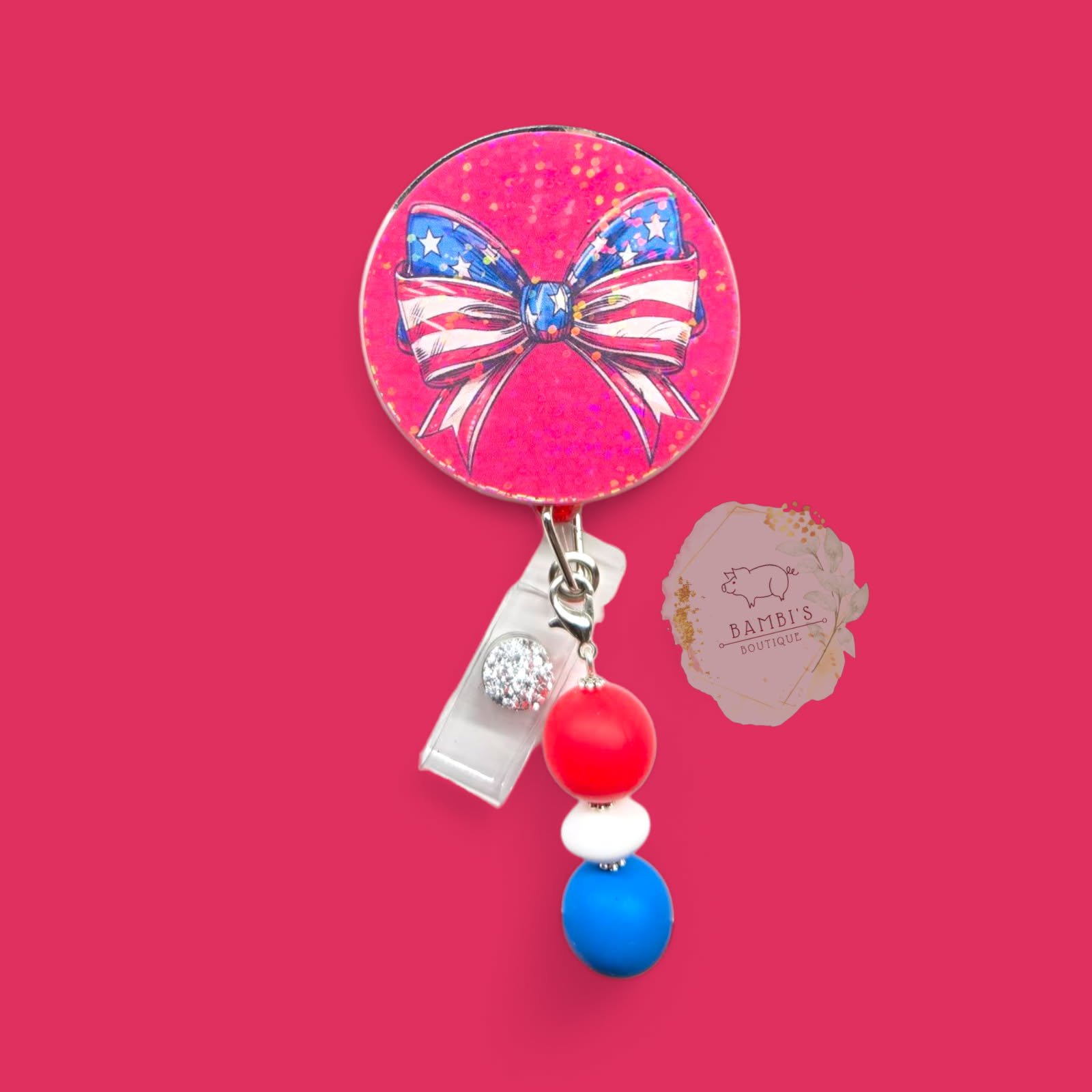 "Star-Spangled Style" Patriotic Bow Badge Reel - A Touch of Americana for Your Day!