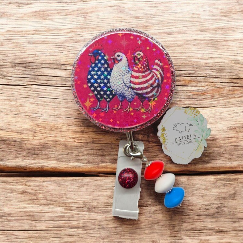 "Cluck Yeah, America!" Patriotic Chickens Badge Reel - A Quirky Touch of Patriotism!