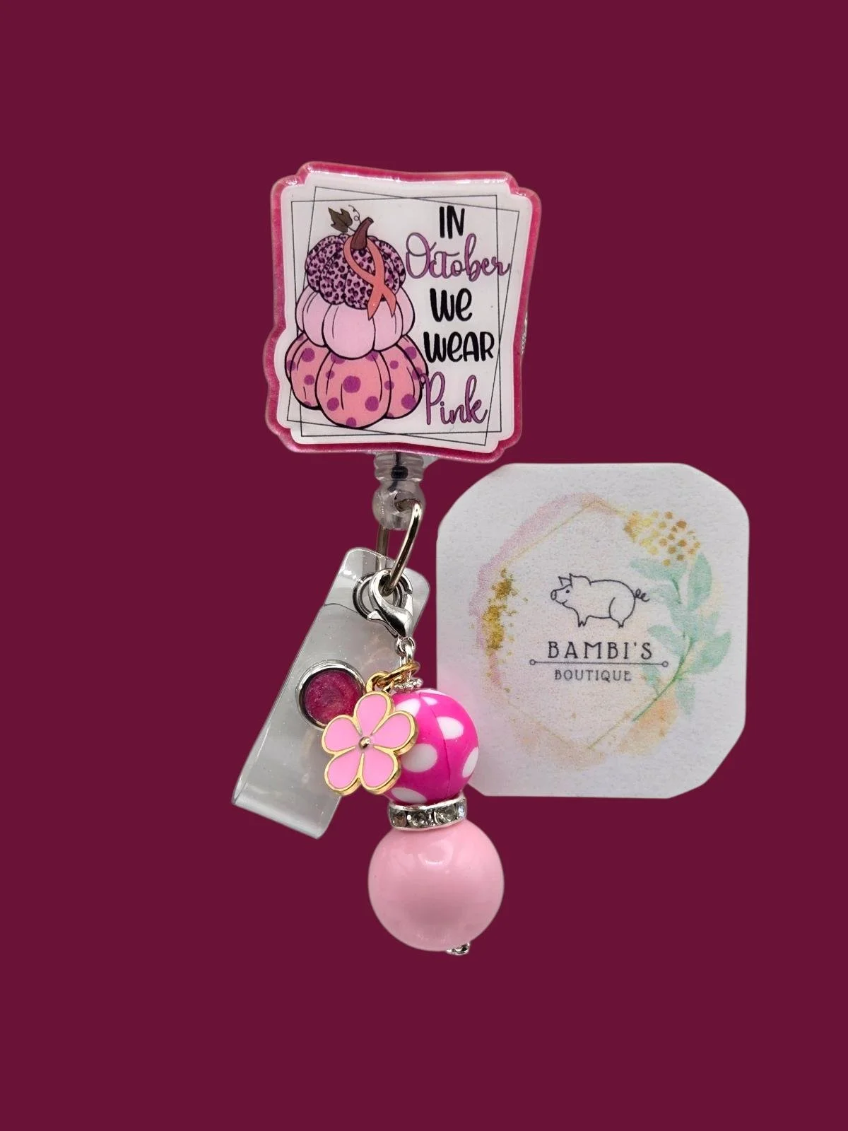 🎀 In October We Wear Pink Pumpkin Badge Reel