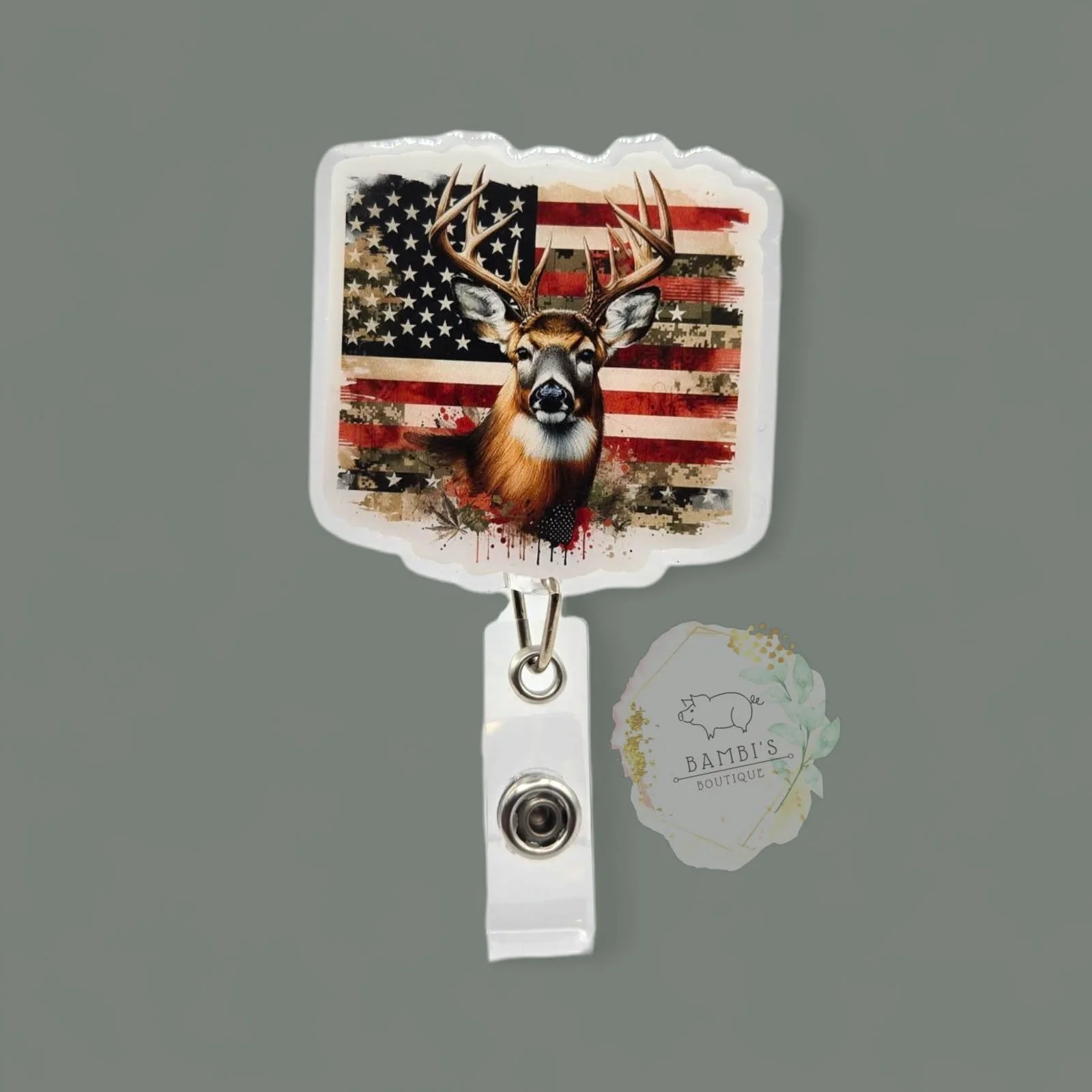 🦌 Patriotic Deer Badge Reel – American Flag Edition