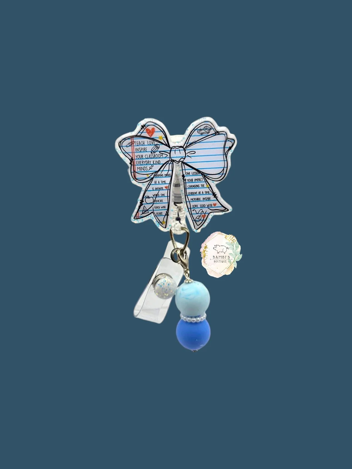 📘 Lined Paper Bow Badge Reel – Teacher Edition