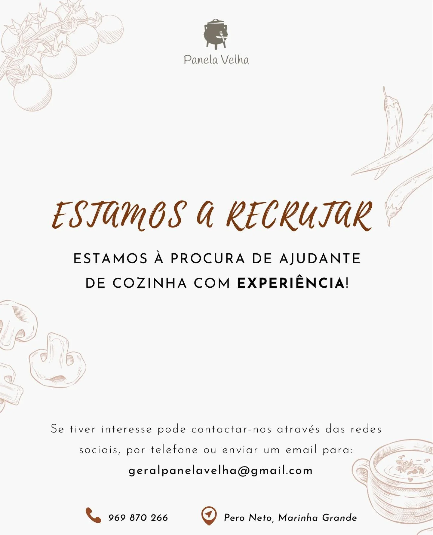 Estamos a recrutar Ajudante de Cozinha com experi&ecirc;ncia! 🤩
Procuramos uma pessoa din&acirc;mica, respons&aacute;vel e com gosto pela &aacute;rea da restaura&ccedil;&atilde;o para integrar a nossa equipa.

Requisitos:
Experi&ecirc;ncia comprovad
