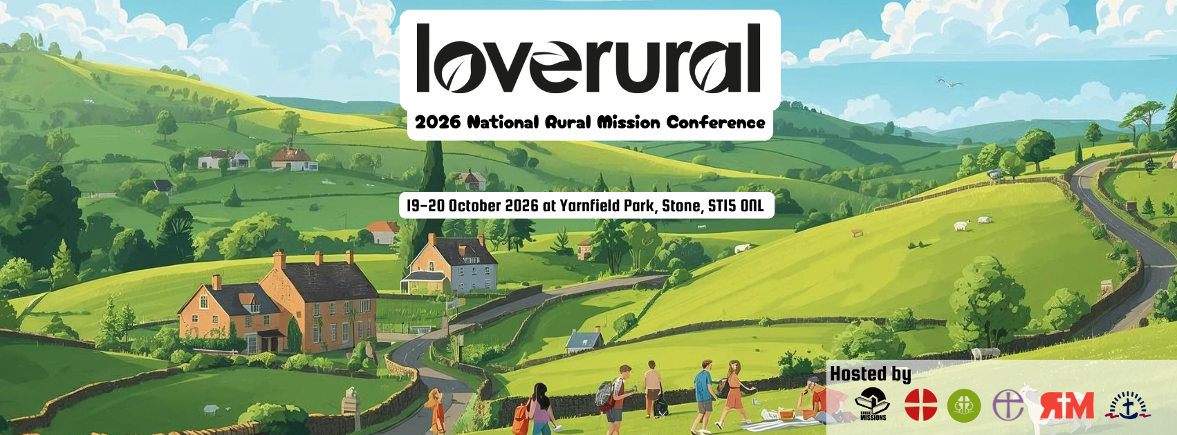 Illustration of a rural landscape with green rolling hills, scattered houses, a winding road, trees, and a group of people walking in the foreground. The event banner for Loverural 2026 National Rural Mission Conference is overlaid at the top.