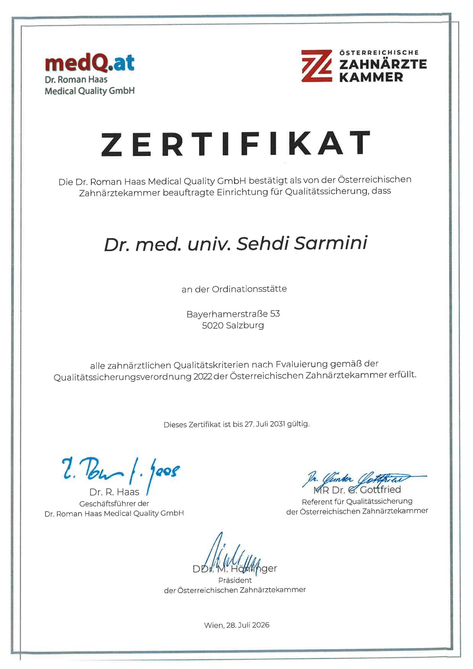 Smile Clinic Zertifikat Österreichische Zahnärztekammer