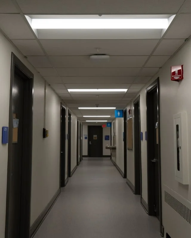 New LED linear ceiling fixtures lighting a student housing hallway at Royal Roads University in Colwood