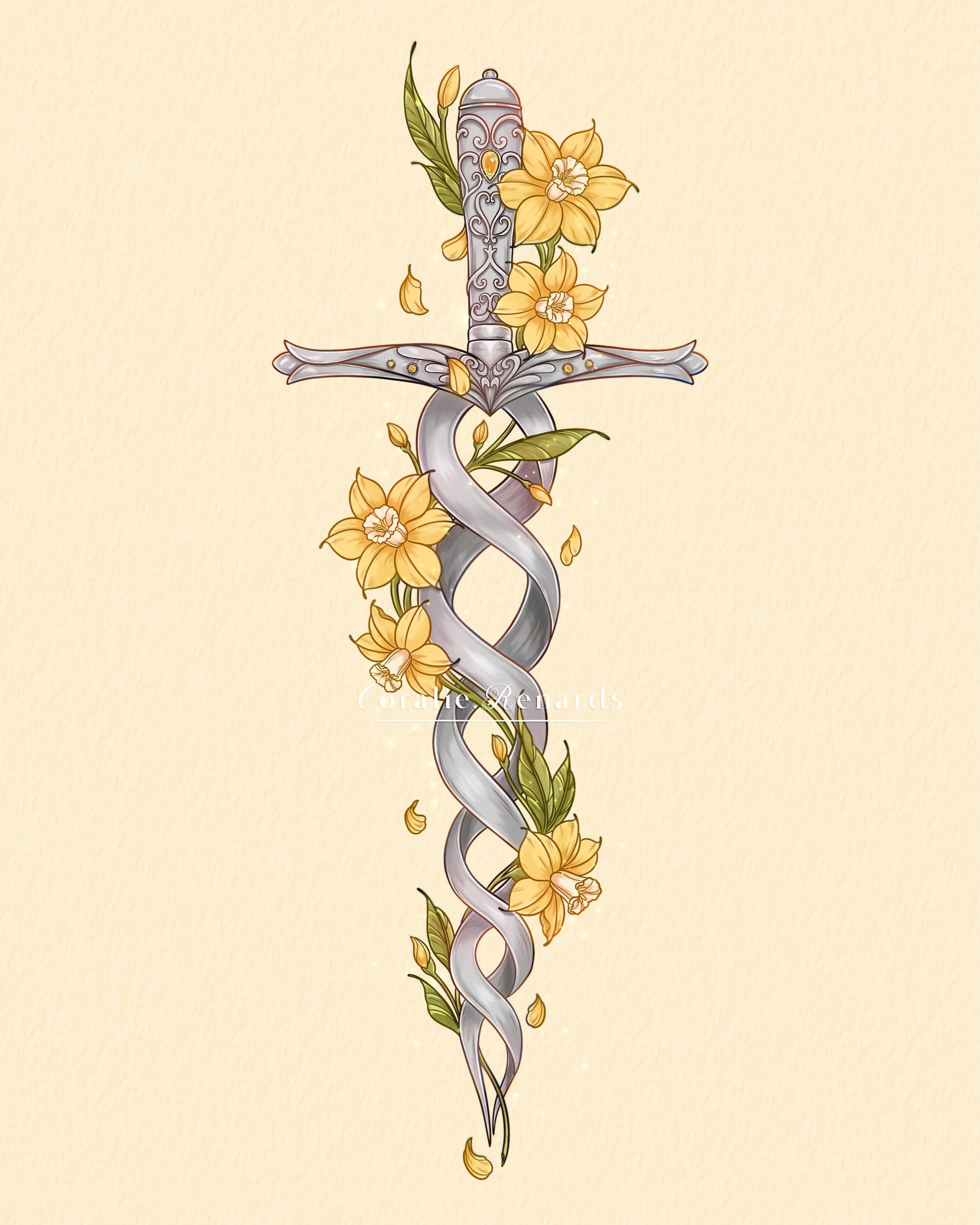 Truly obsessed with this art done by @coralie.renards 🌼🗡️

If you&rsquo;ve read Rise of the Ash Kingdom, you&rsquo;ll recognize Xosha&rsquo;s dagger. The last we see of it, daffodils sprout beside it, bringing the first signs of life back to a dyin