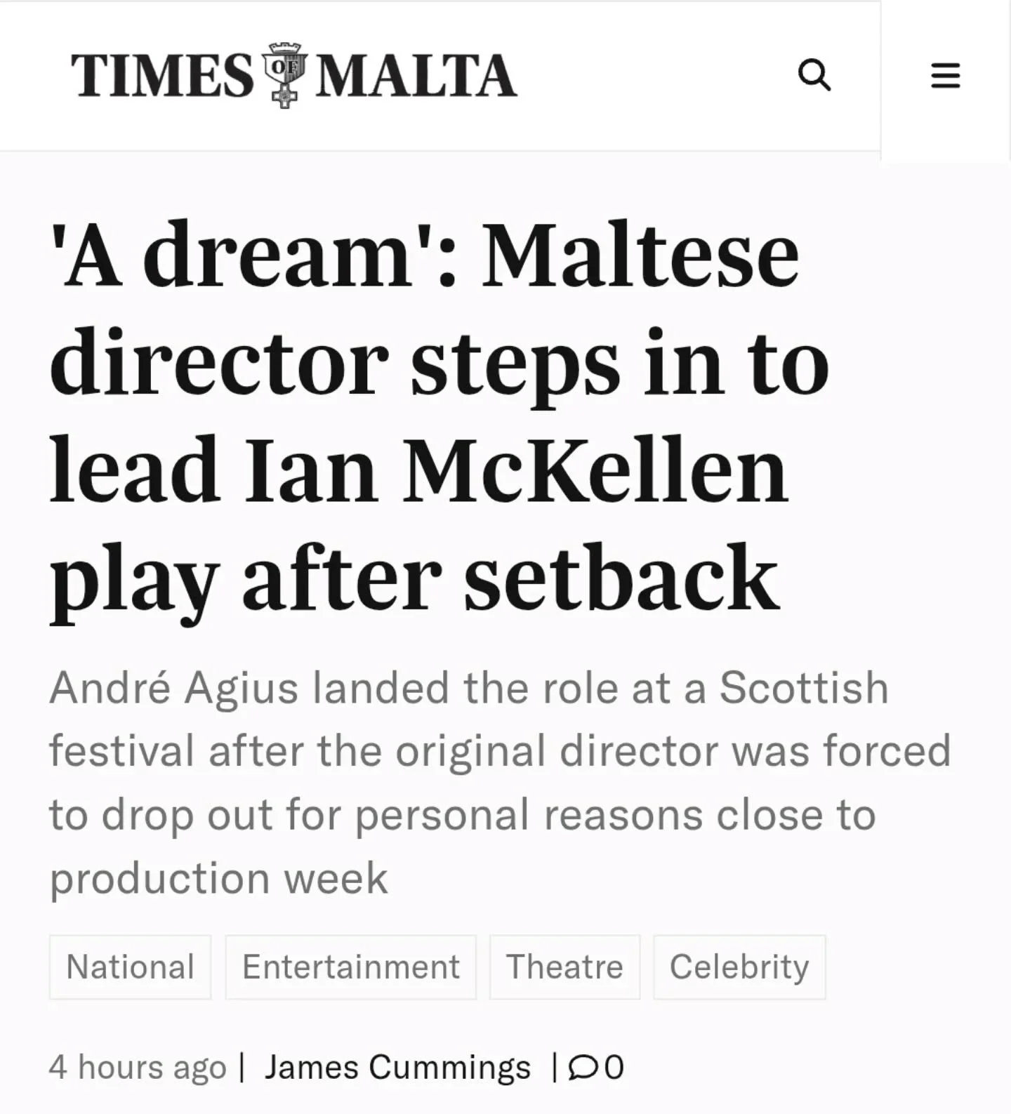 The word &ldquo;dream&rdquo; doesn&rsquo;t even begin to explain the whole experience! 🤩

Thank you to The Times of Malta for inviting me to sit down and speak about directing Sir Ian McKellen, and about the unexpected, intense, and unforgettable jo