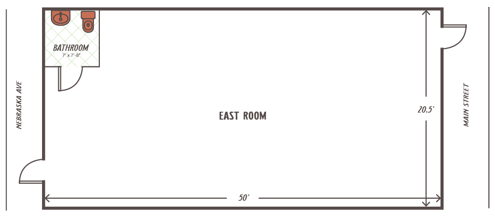 Floor plan of a rectangular room labeled East Room with two doors, one on the left side leading outside, and one on the right side leading to Main Street. There is a small outdoor patio area with a table and two chairs in the top left corner.