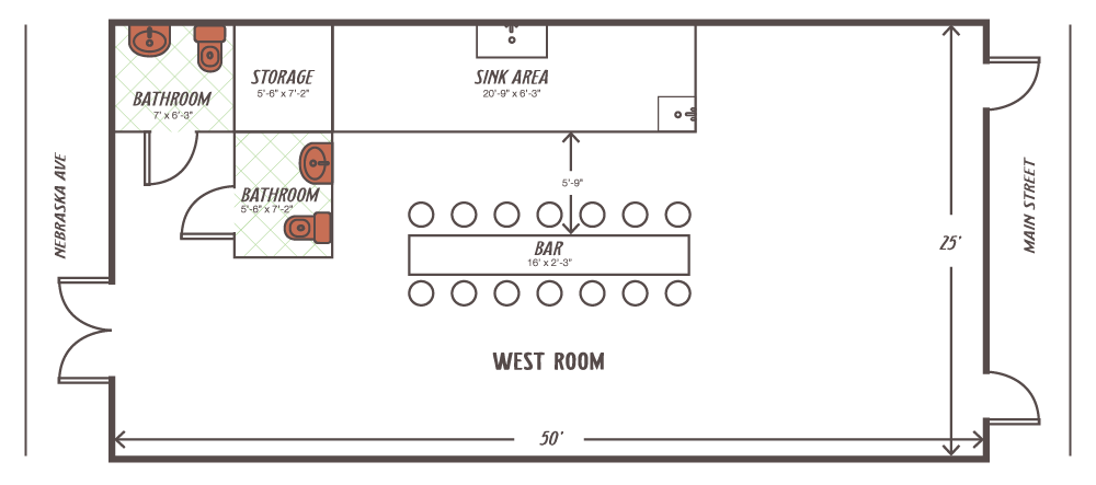 Floor plan of a bar and lounge area with a sink area, storage room, kitchen, and bathroom. Dimensions are labeled, with entrances on Merrill Ave and Main Street.