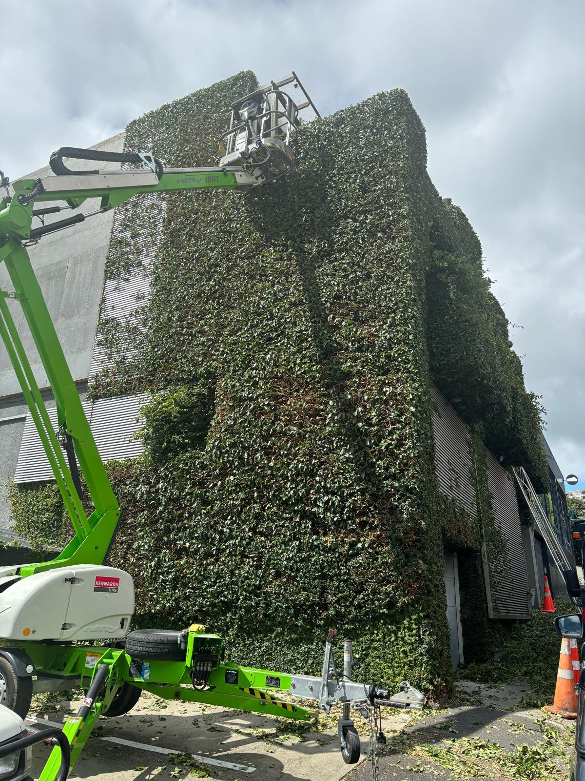 A worker operating an elevated lift trimming a large hedge on the exterior of a building.