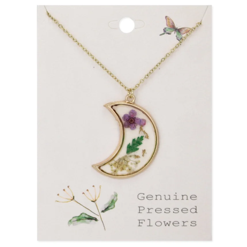 Gold Dried Purple Floral Moon Necklace-II.webp