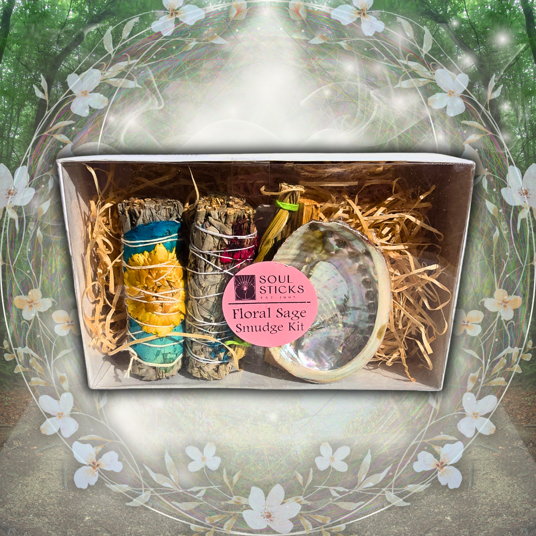 Floral Sage Smudge Kit with colorful sage bundles, abalone shell, and natural packaging.