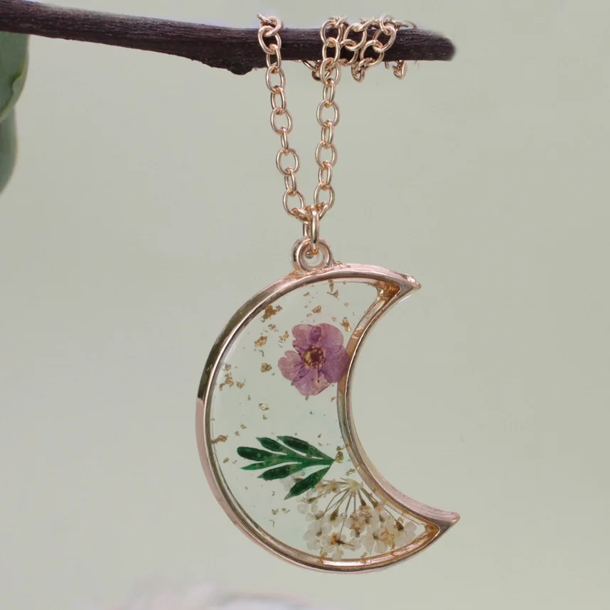 Gold Dried Purple Floral Moon Necklace-I.webp