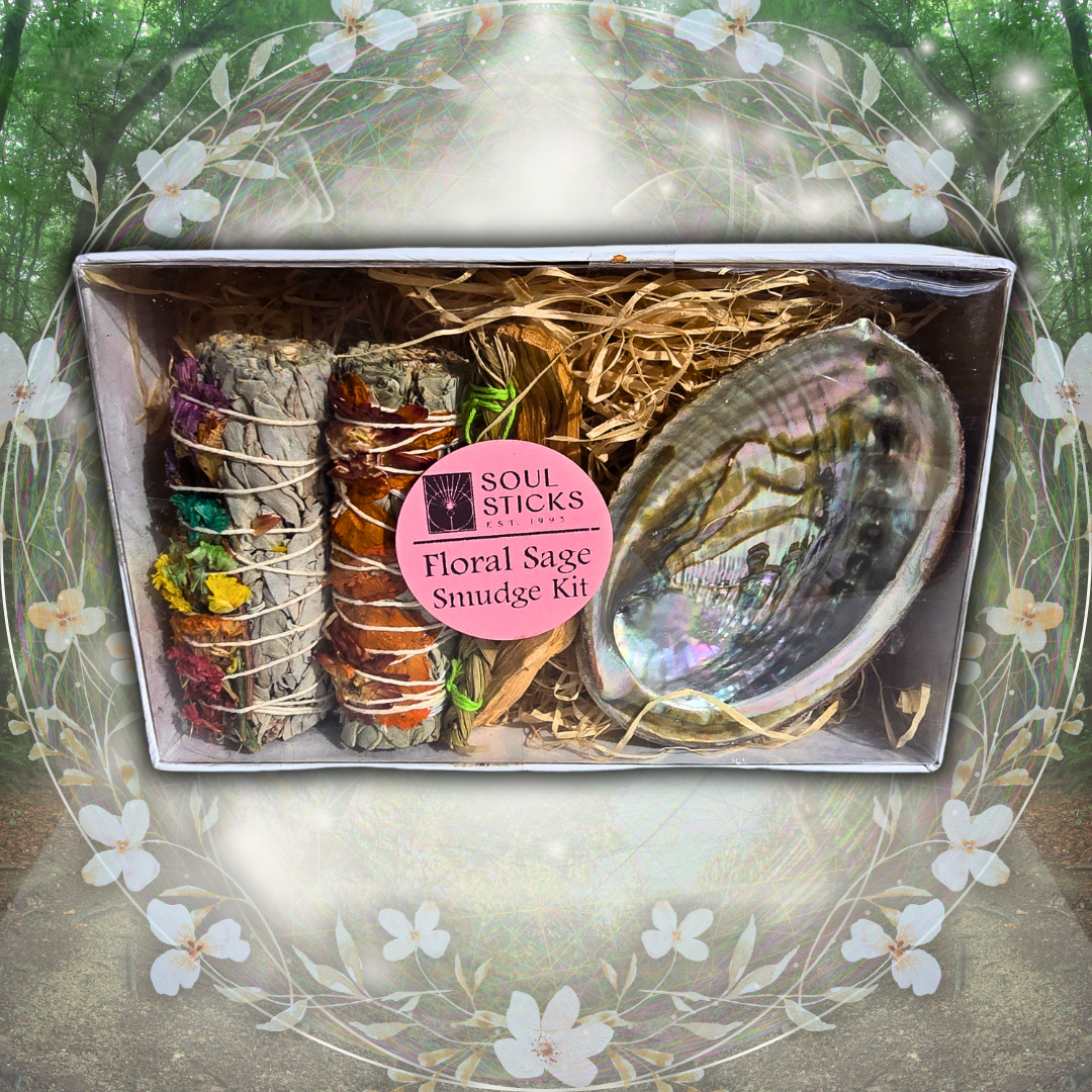 Floral Sage Smudge Kit with abalone shell and smudge sticks in a decorative box.