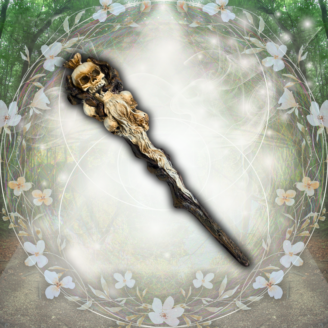 Mystical staff with skull design against floral and nature background.
